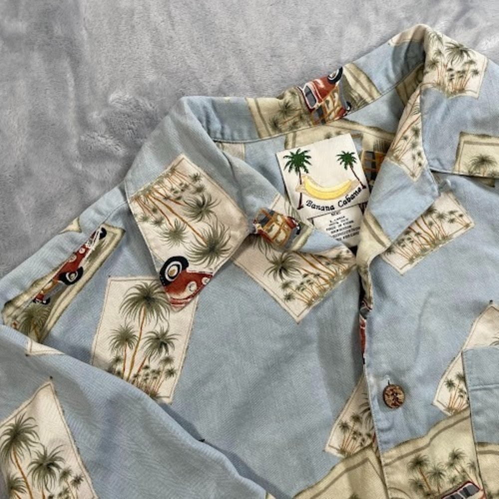 Banana Cabana Hawaiian Shirt Men Large Blue Cars Print 100% Silk Soft Vacation